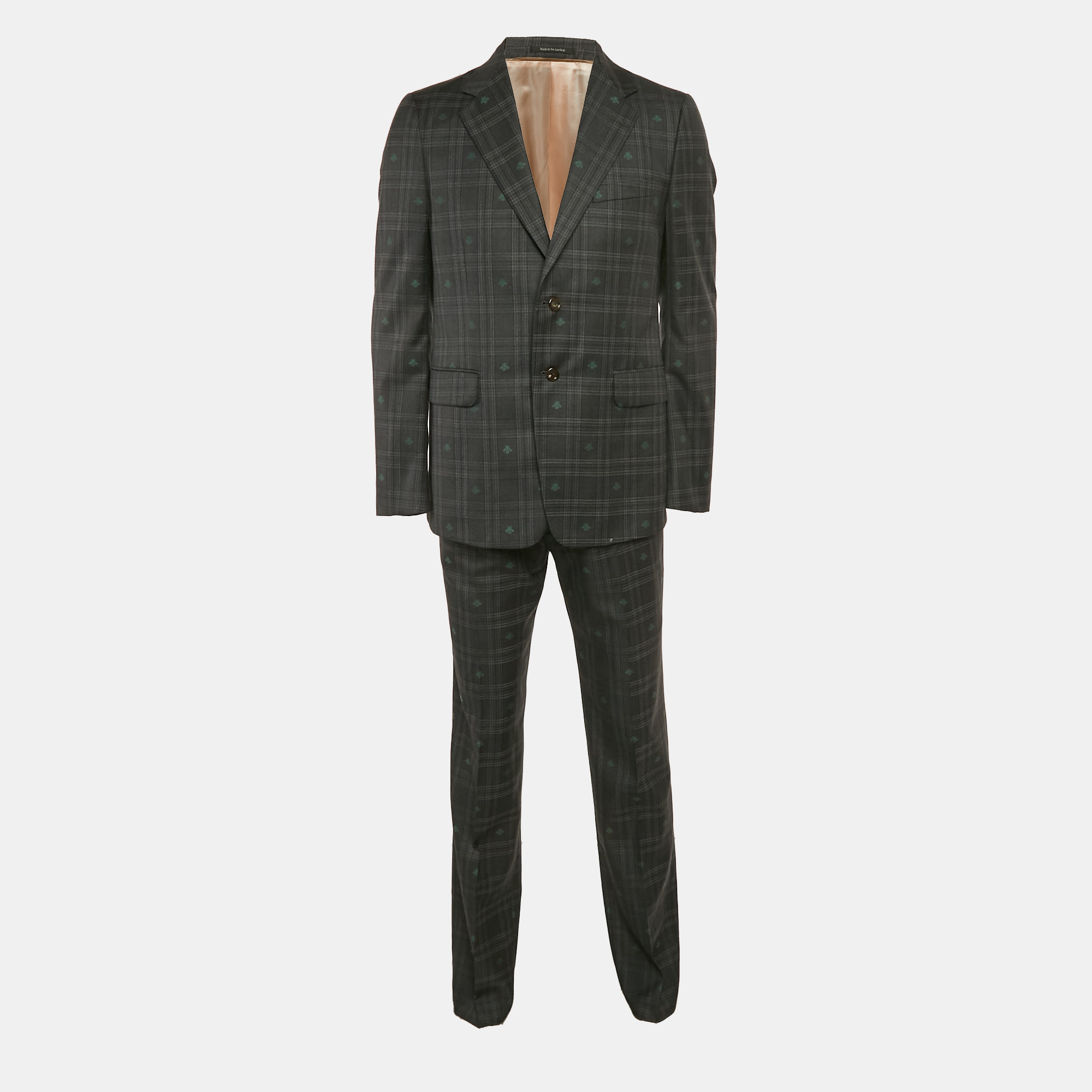 

Gucci Grey Bee Flannel Wool Single Breasted Pants Suit L