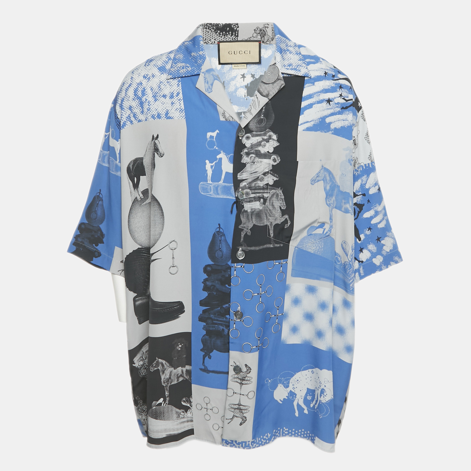 

Gucci Blue Patchwork Silk Short Sleeve Shirt L
