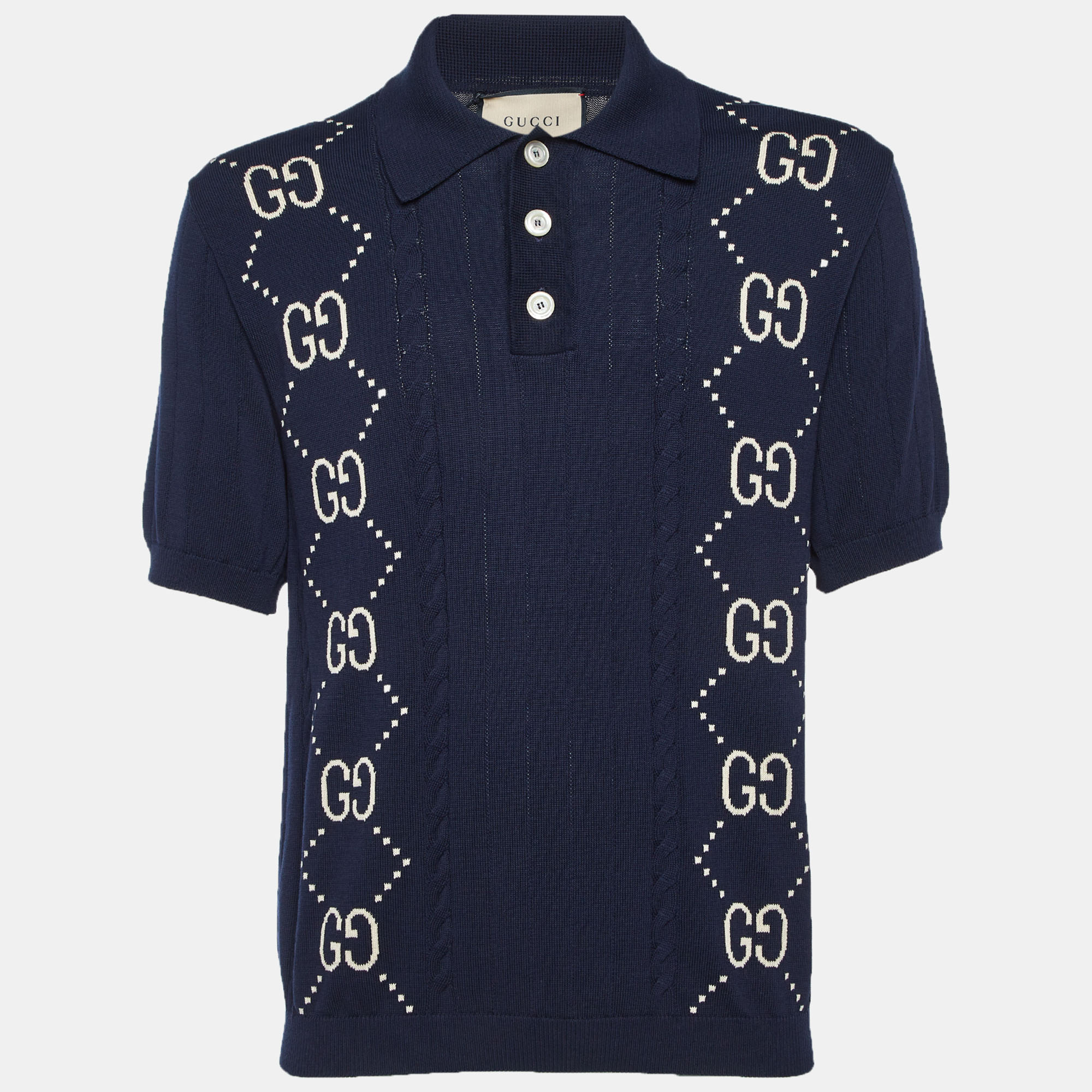 

Gucci Navy Blue GG Argyle Knit Polo T-Shirt M