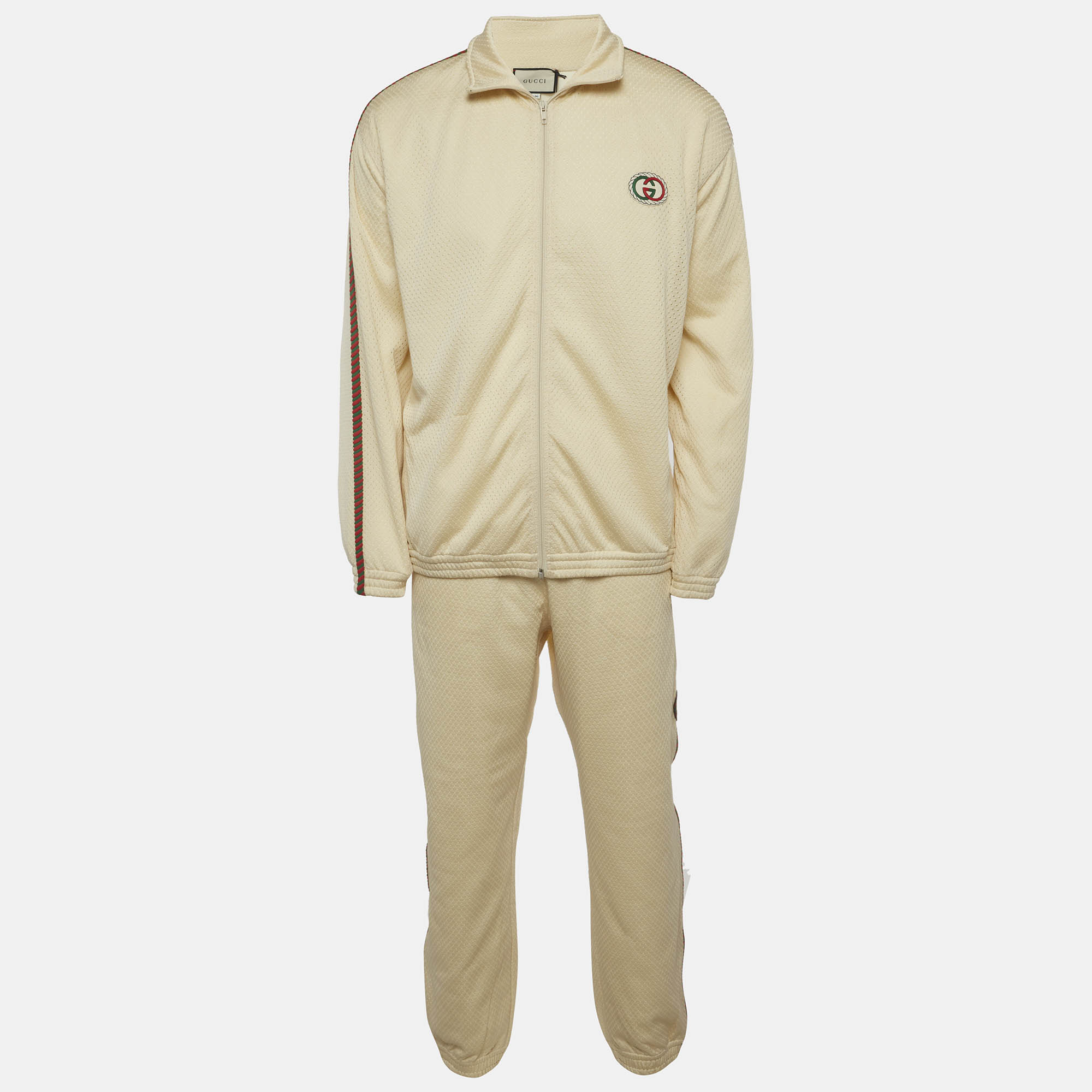 

Gucci Cream Knit GG Patch Braided Trim Track Jacket And Joggers Set XXL