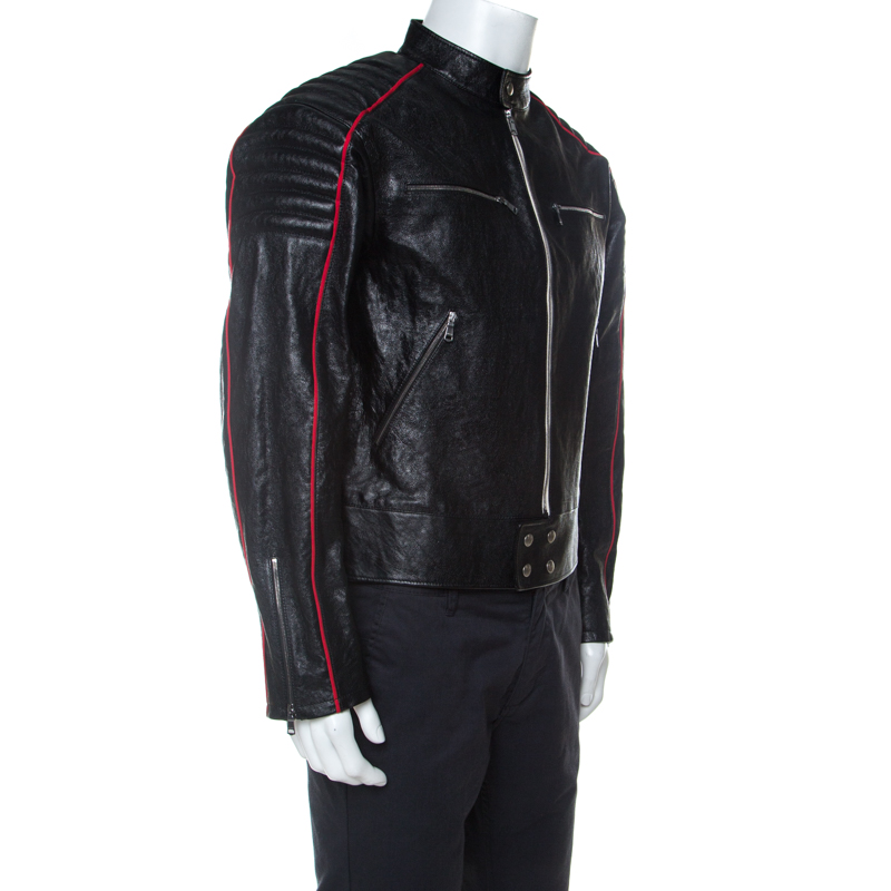 

Gucci Black Calf Leather Quilt Detail Zip Front Biker Jacket