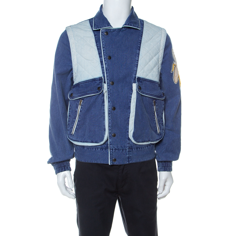 Gucci Blue Monochrome Quilted Denim Convertible Sleeve Jacket M