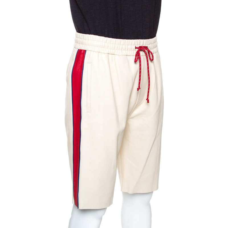 

Gucci Cream Leather Stripe Detail Drawstring Waist Shorts