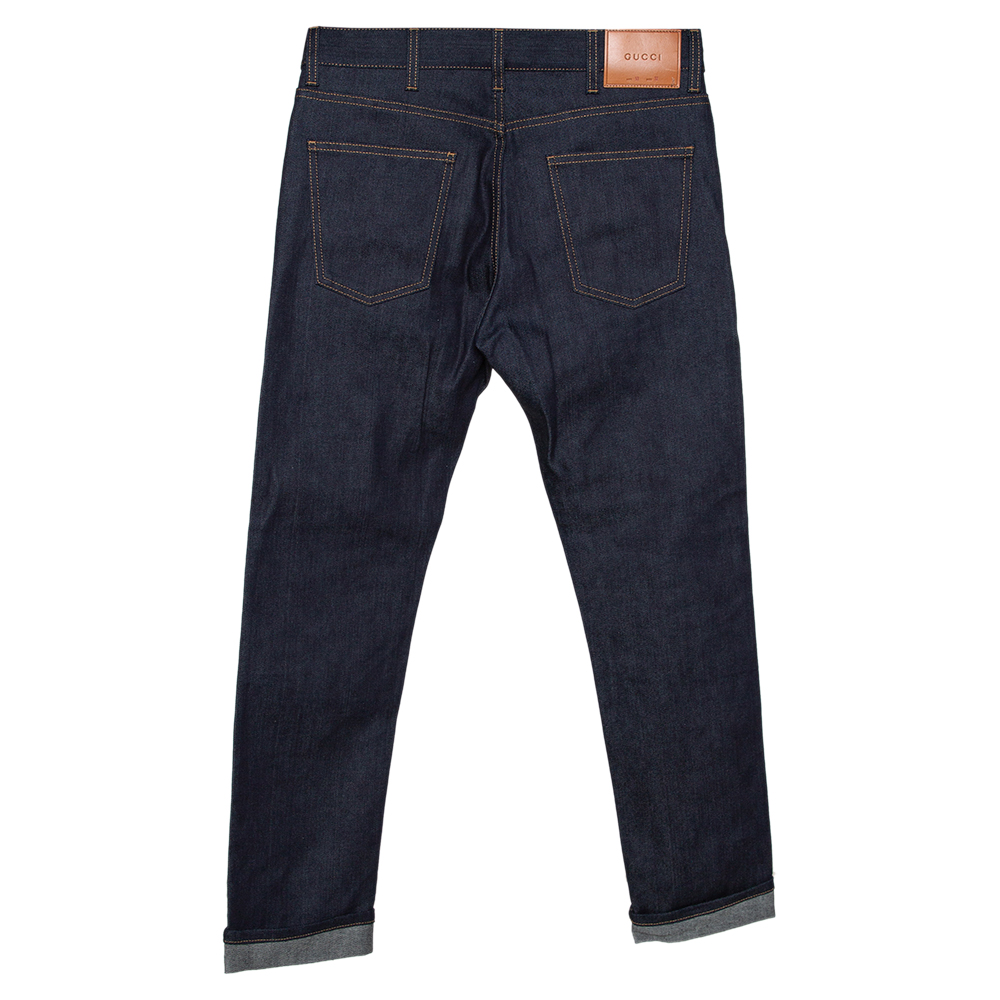 

Gucci Indigo Denim Web Stripe Cuff Detail Tapered Jeans, Navy blue