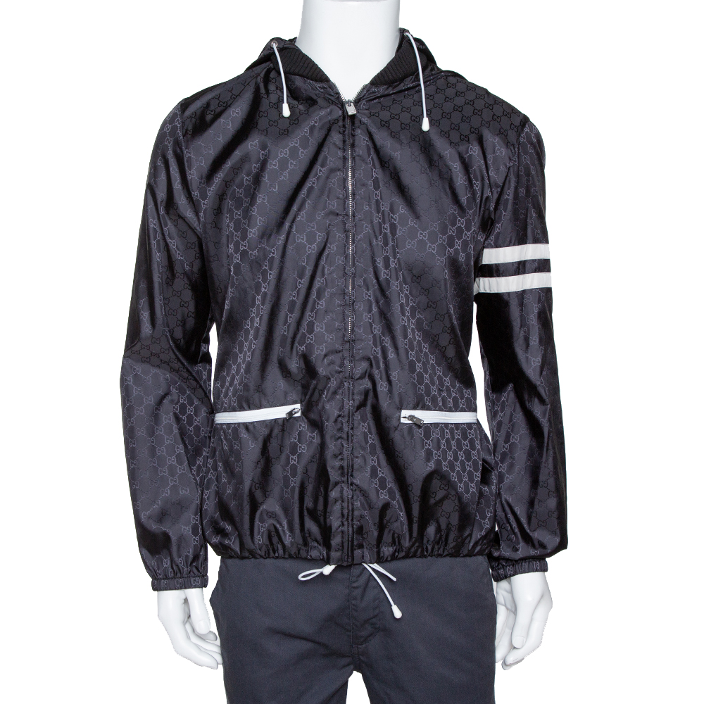 Gucci Black Logo Pattern Stripe Detail Hooded Shell Jacket XL
