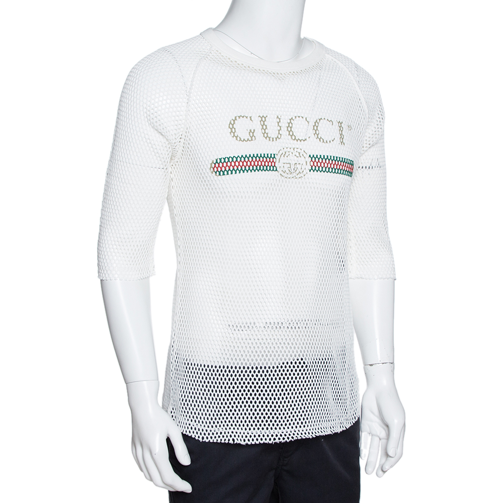 

Gucci White Logo Print Cotton Mesh Raglan Sleeve T-Shirt