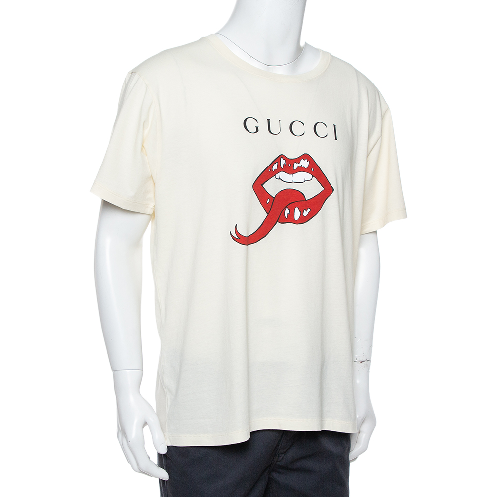 

Gucci Cream Mouth Print Cotton Crew Neck T-Shirt