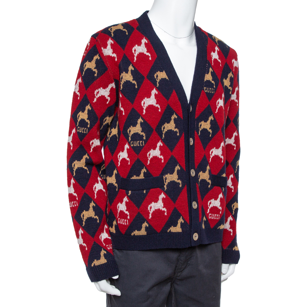 

Gucci Multicolor Wool Equestrian Jacquard Cardigan, Red
