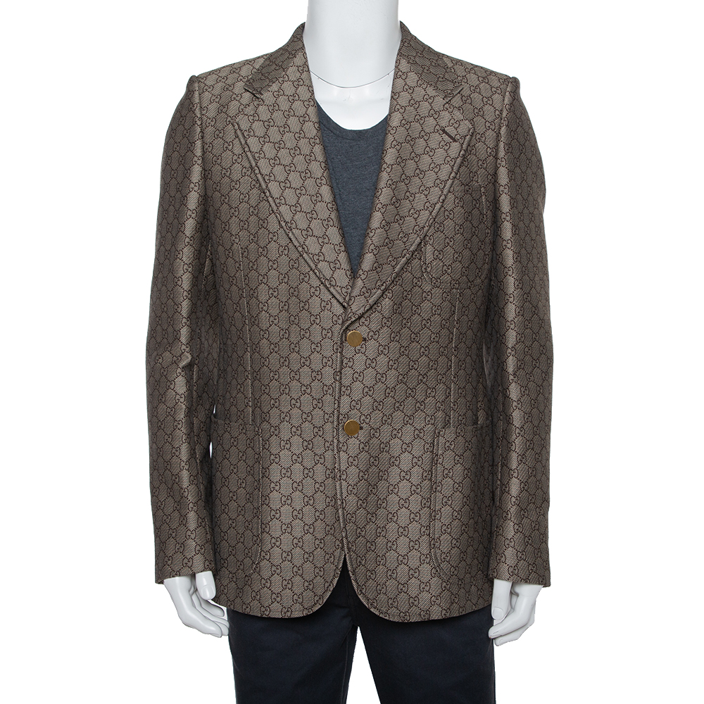 Pre-owned Gucci Ssima Logo Detail Blazer Xl In Brown