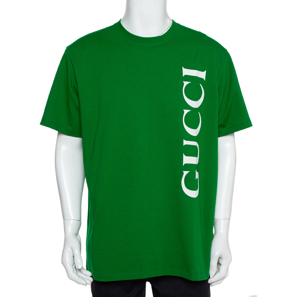 Pre-owned Gucci Green Logo Printed Cotton Crewneck T-shirt L