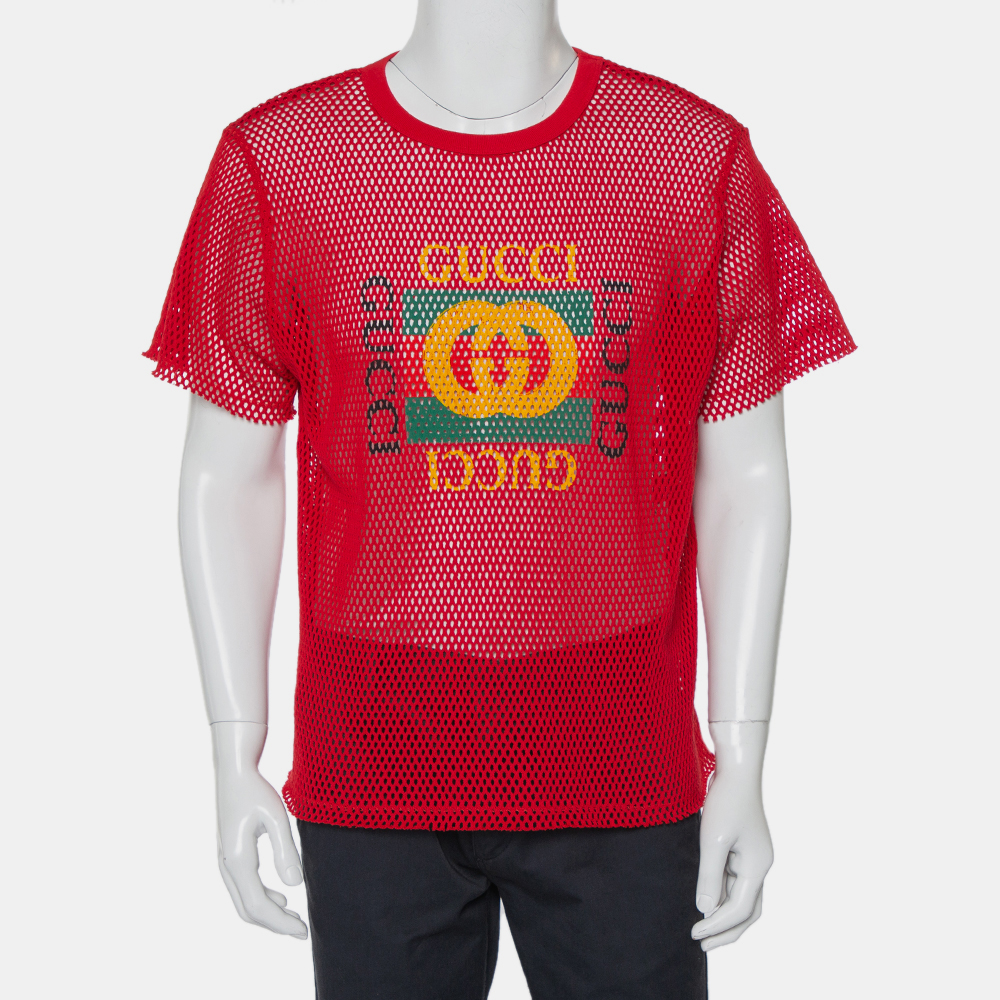 Pre-owned Gucci Red Mesh Logo Printed Crewneck T-shirt Xs