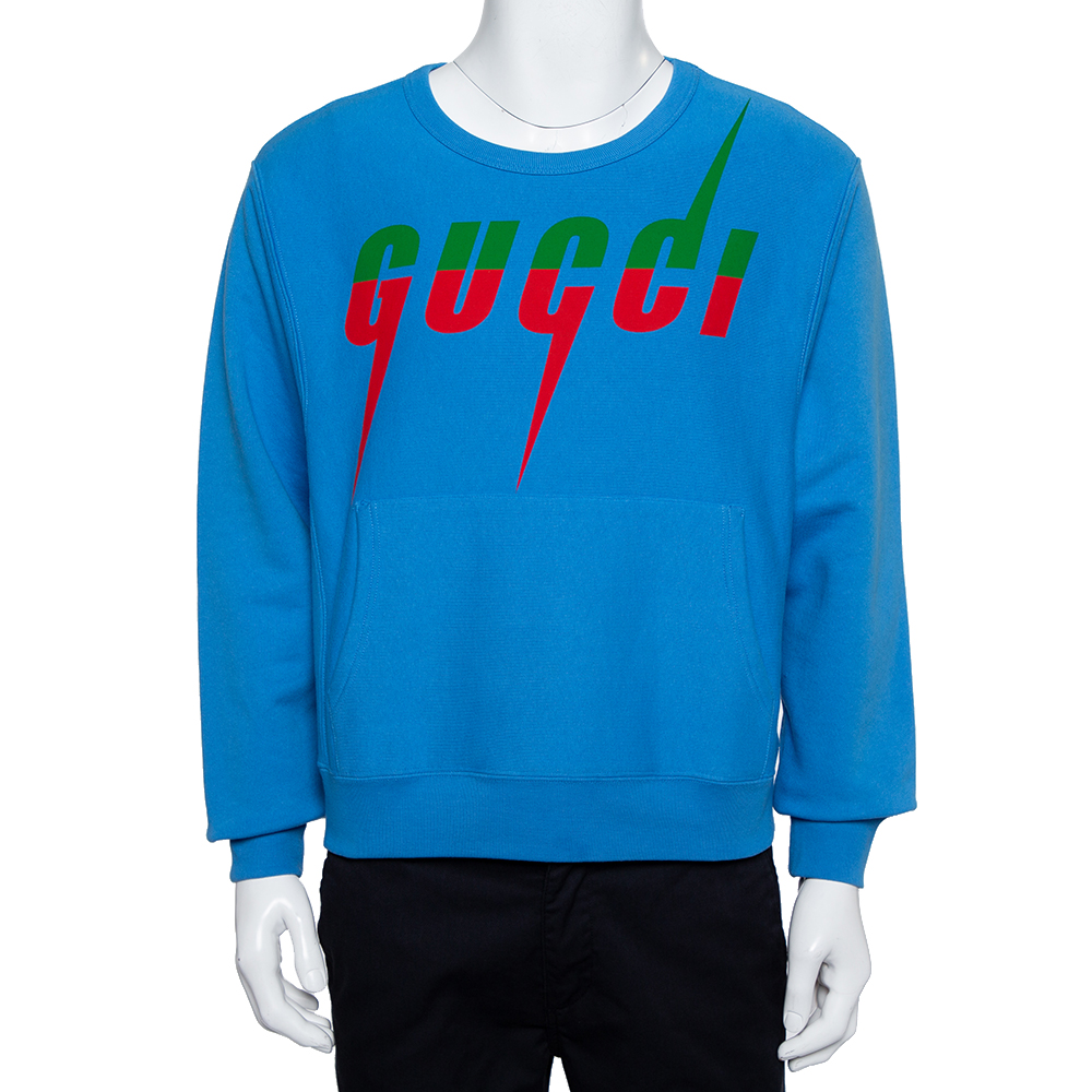 Pre-owned Gucci Blue Blade Logo Printed Cotton Crew Neck Sweatshirt Xs