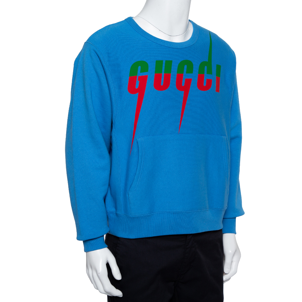 

Gucci Blue Blade Logo Printed Cotton Crew Neck Sweatshirt