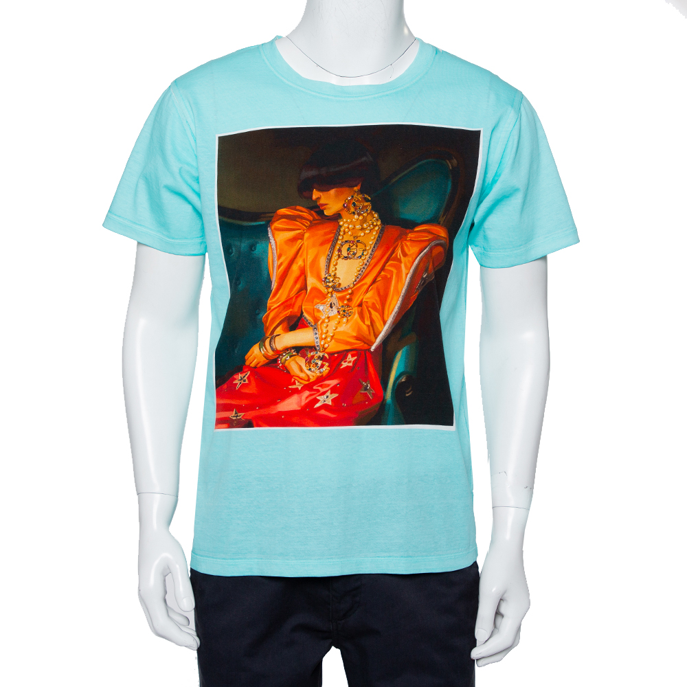 Pre-owned Gucci Blue Cotton Ignasi Monreal Printed Crewneck T-shirt Xs