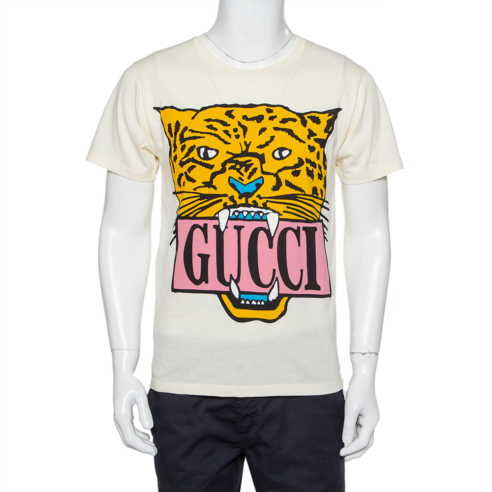 Pre-owned Gucci Cream Tiger Printed Cotton Crewneck T-shirt Xs
