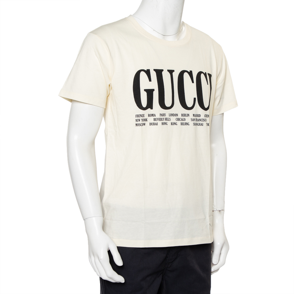 

Gucci Cream Logo Cities Printed Cotton Crewneck T-Shirt