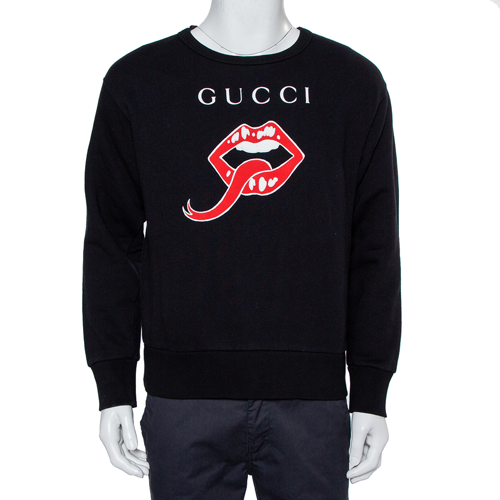 Pre-owned Gucci Black Mouth Printed Cotton Oversized Crewneck Sweatshirt Xs