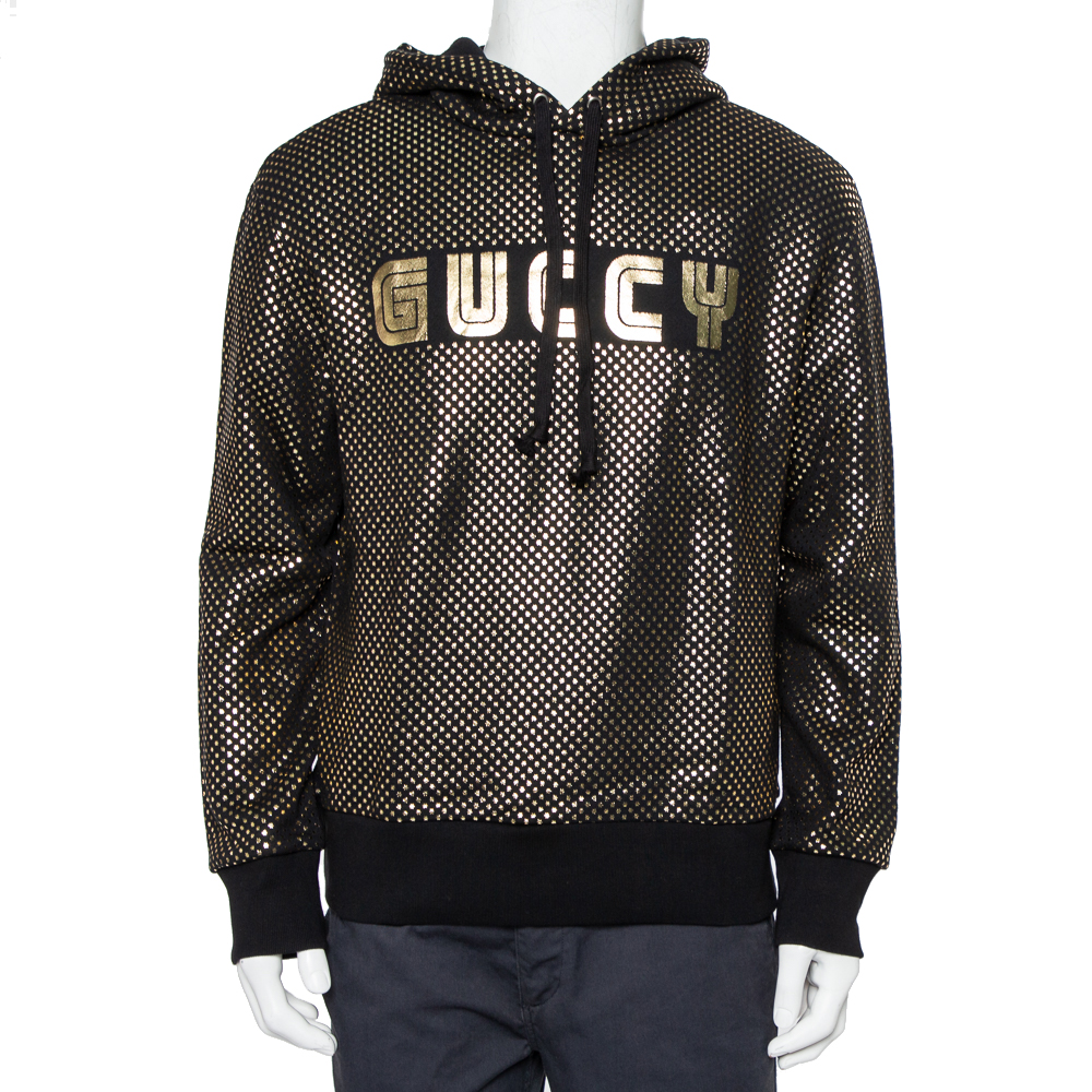 Pre-owned Gucci Black Cotton Metallic Logo & Star Printed Hoodie S