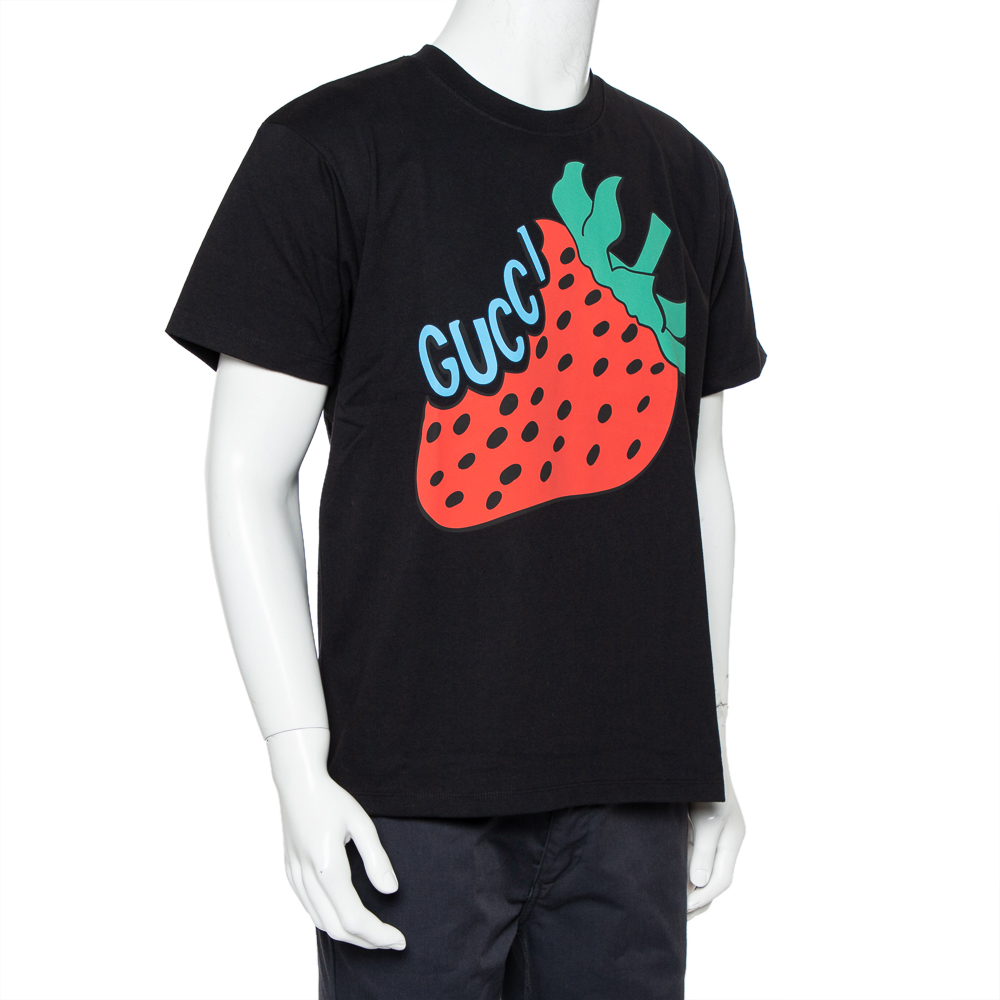 

Gucci Black Cotton Strawberry Printed Oversized Crewneck T-Shirt