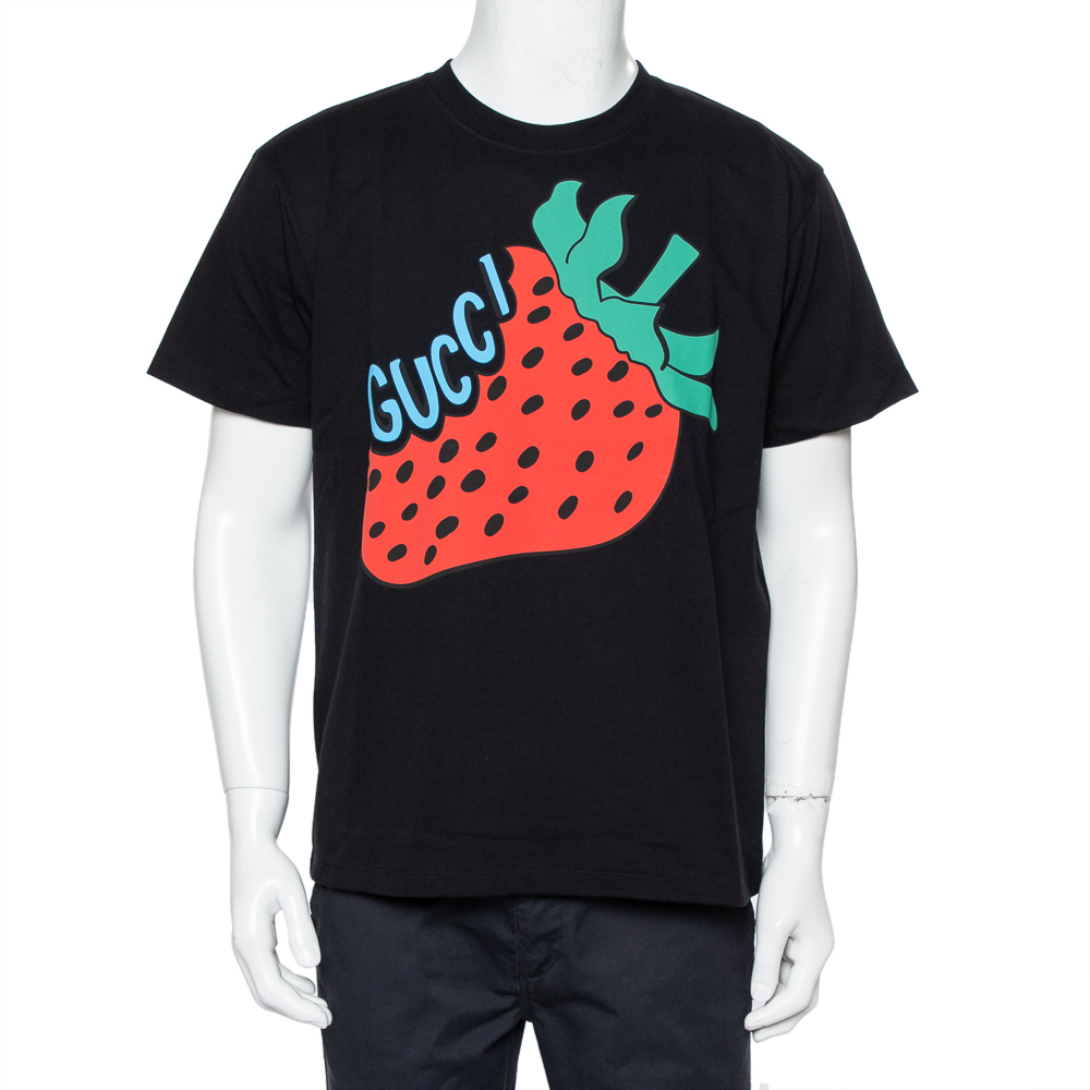 Pre-owned Gucci Black Cotton Strawberry Printed Oversized Crewneck T-shirt Xs
