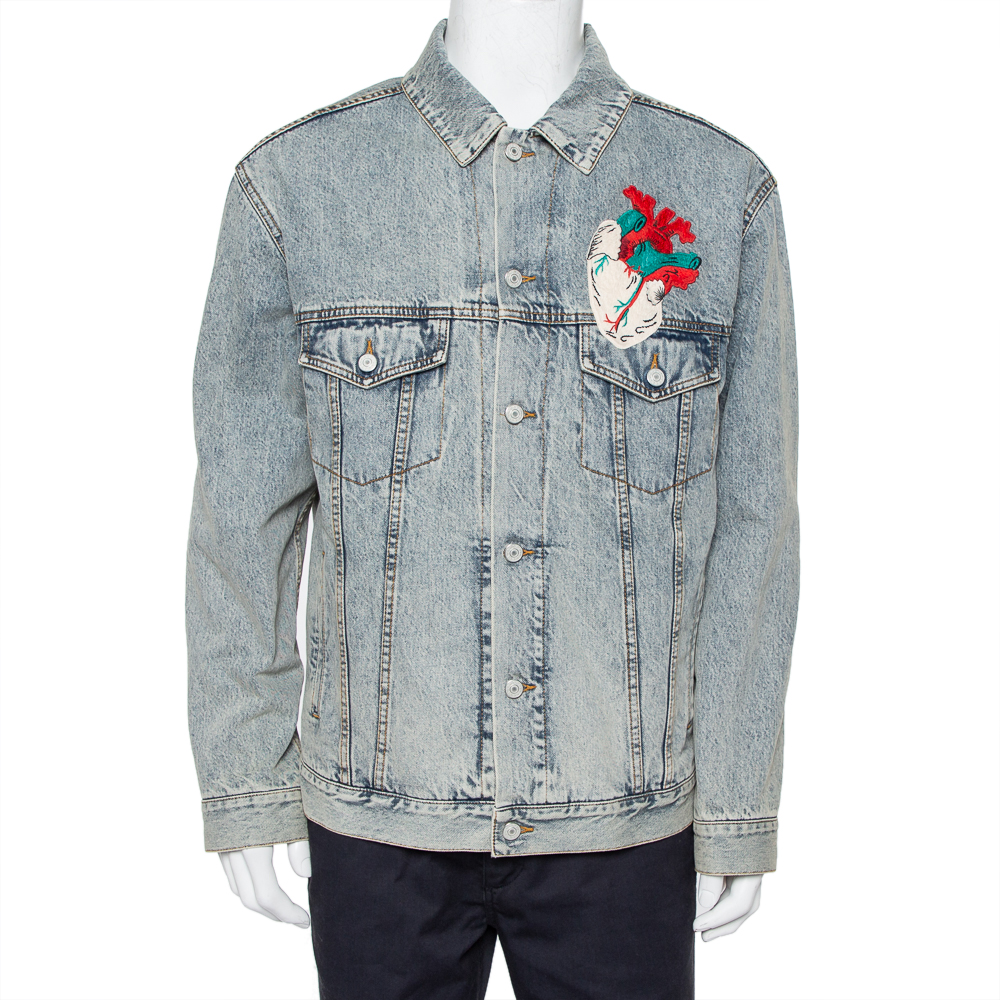 Gucci Blue Faded Denim Heart Appliqué & Embroidered Oversized Jacket XS