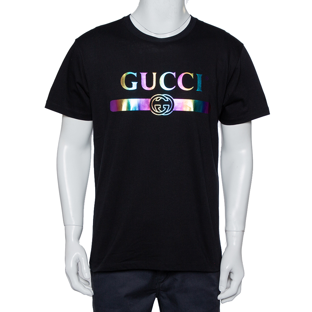 Pre-owned Gucci Black Logo Printed Cotton Oversized Crewneck T-shirt Xs