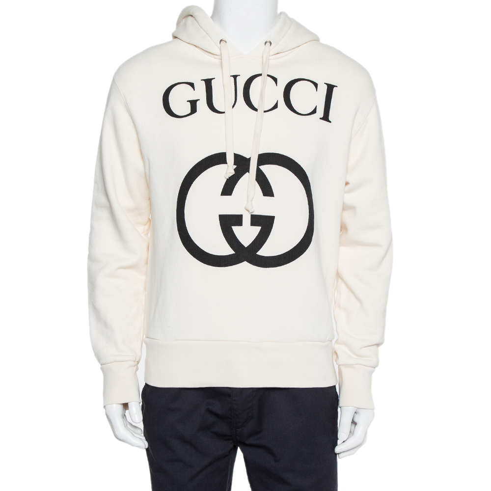 Pre-owned Gucci Cream Cotton Interlocking G Print Hooded Sweatshirt Xs