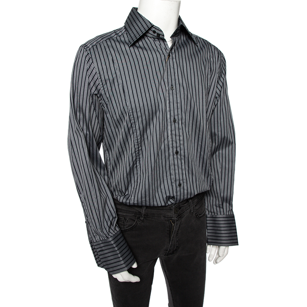 

Gucci Grey Striped Cotton Body Slim Fitted Shirt L