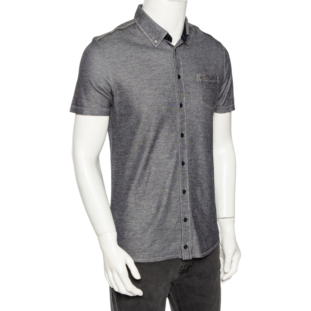 

Gucci Grey Cotton Pique Shoulder Web Stripe Detail Short Sleeve Shirt