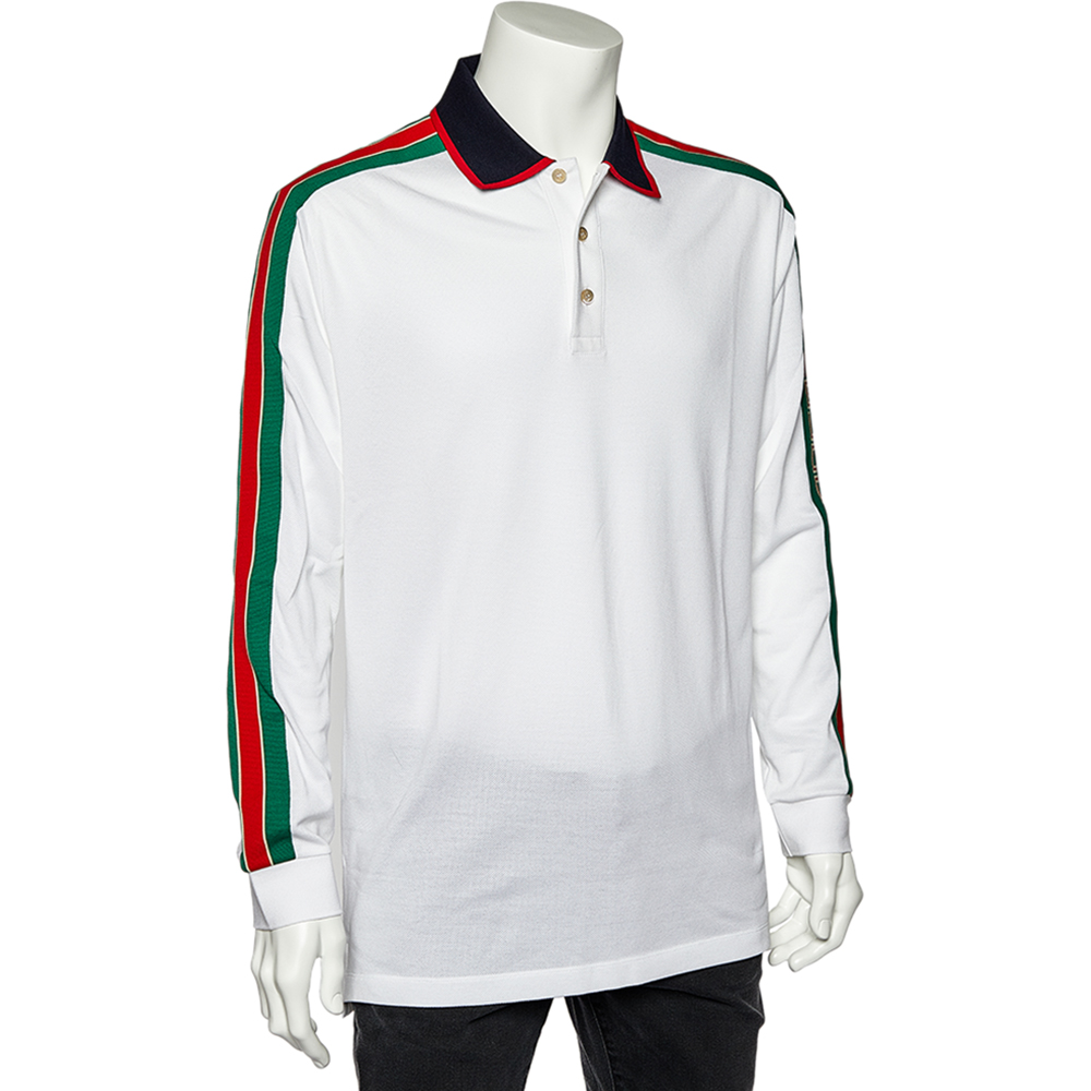 

Gucci White Cotton Pique Logo Web Stripe Detail Long Sleeve Polo T-Shirt