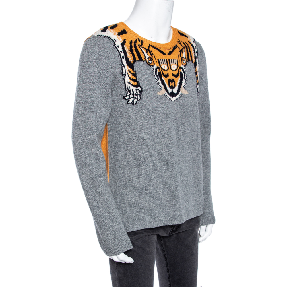 

Gucci Grey & Orange Tiger Patterned Jacquard Wool Crew Neck Sweater