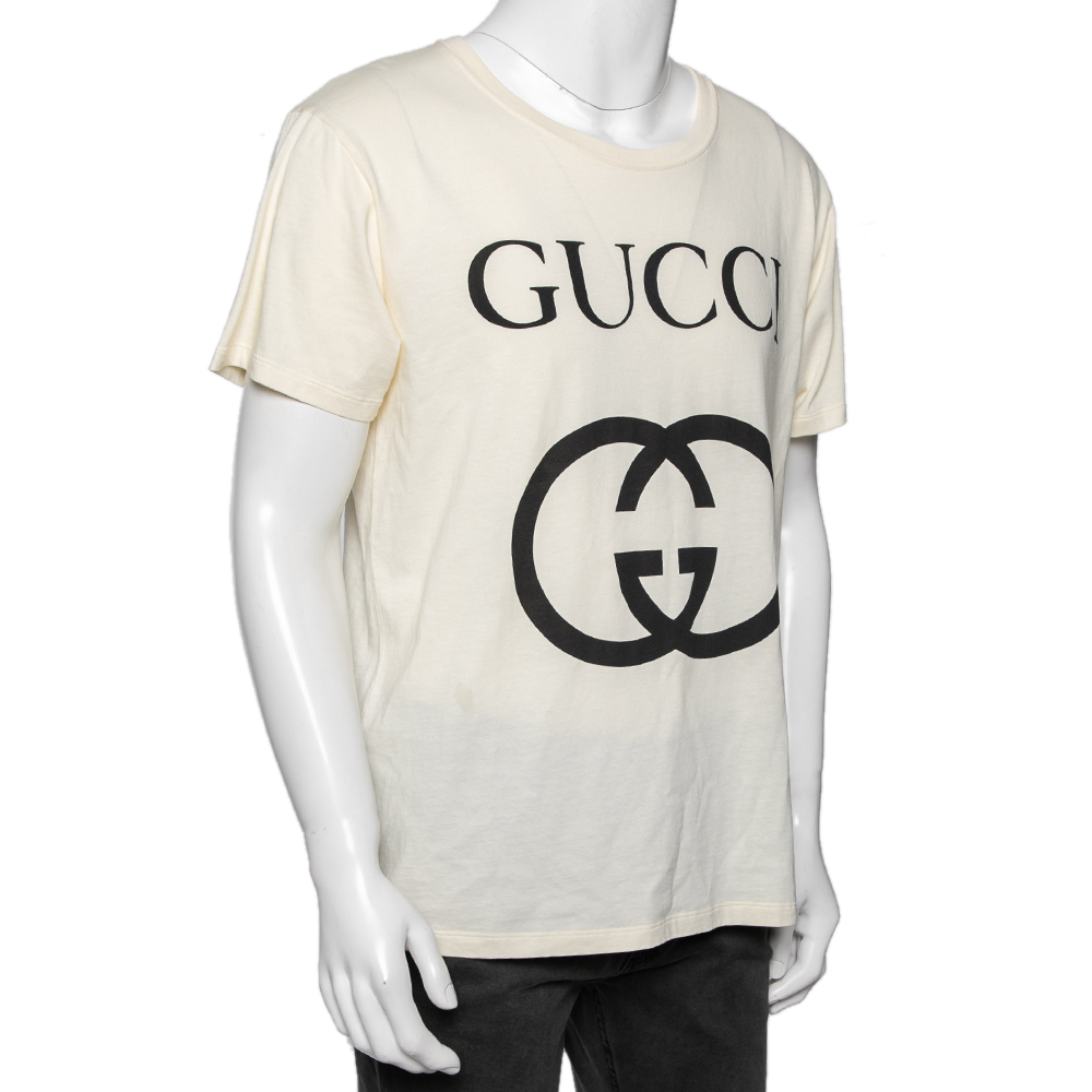 

Gucci Cream Logo Printed Cotton Knit T-Shirt