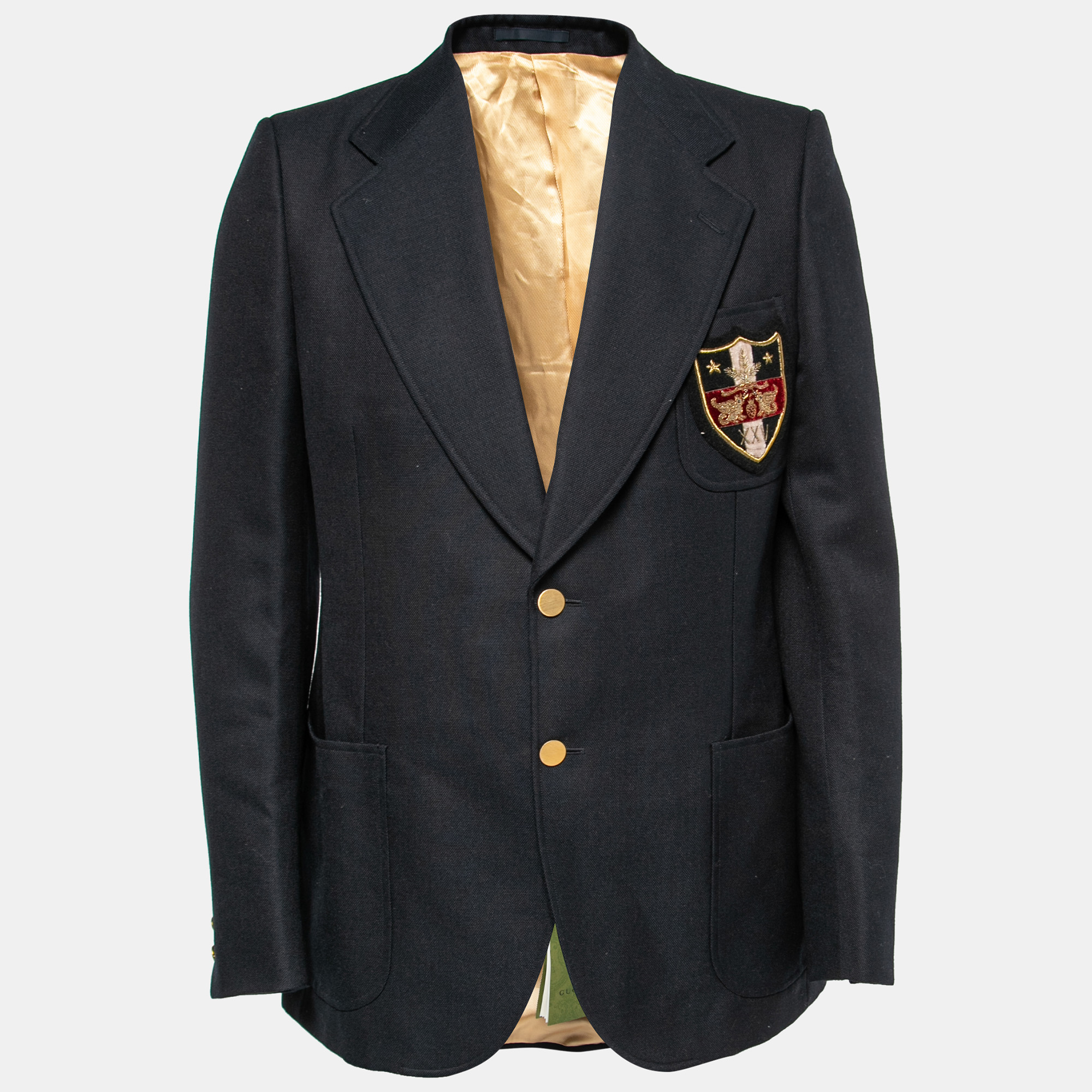 Pre-owned Gucci Navy Blue Wool Embroidered Crest Patched Blazer Xl