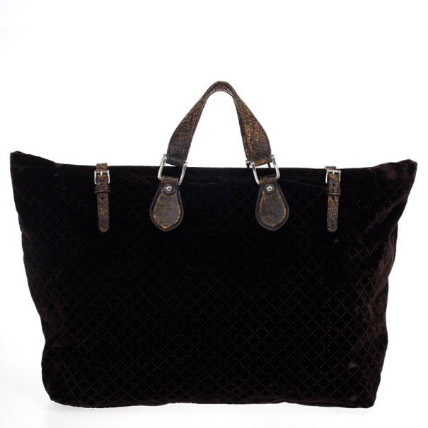 Pre Owned Gucci Brown Goldmark Velvet Diamante Carryon Duffle Bag
