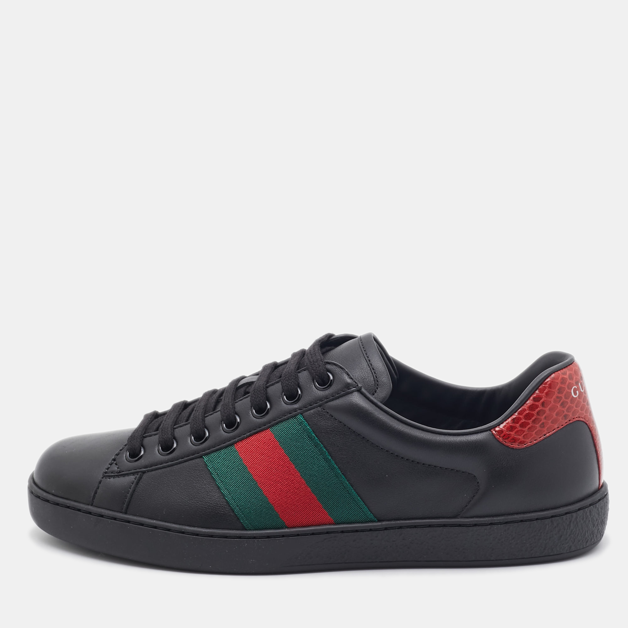 

Gucci Black Leather Ace Web Low Top Sneakers Size 40