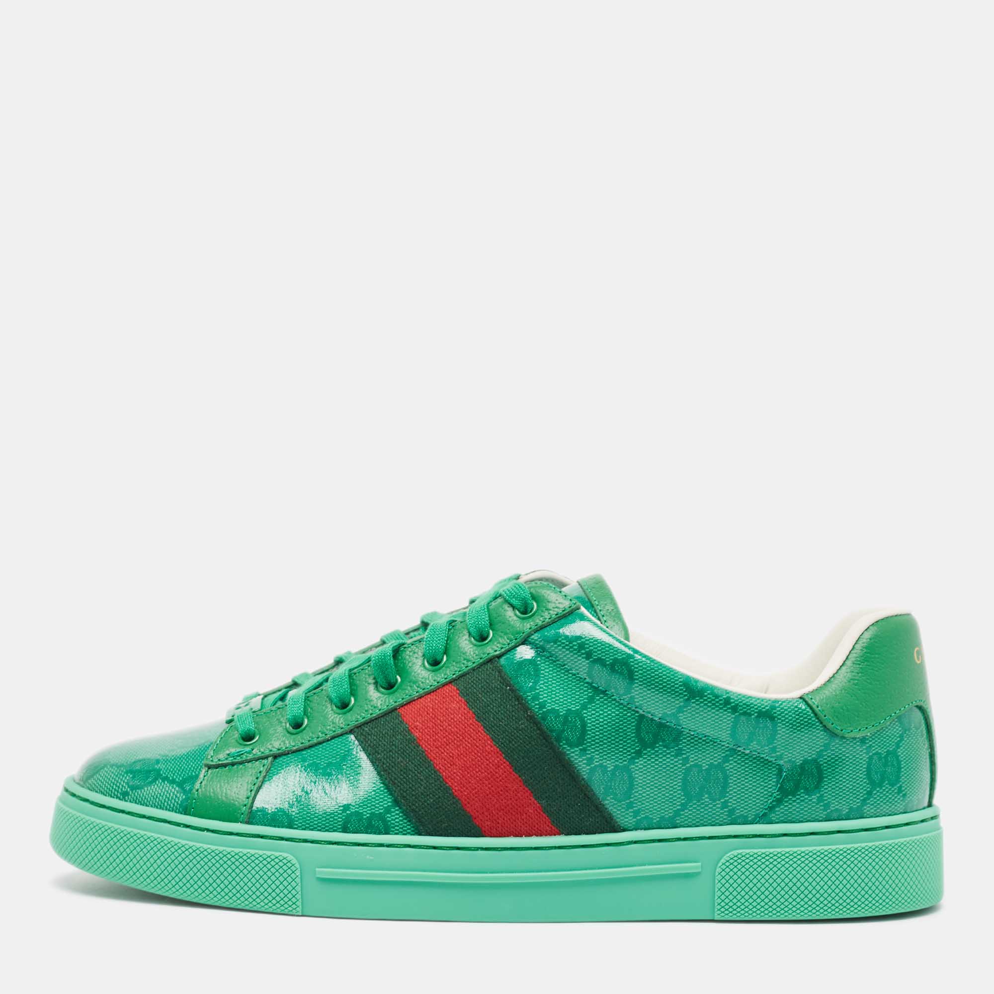 Pre-owned Gucci Green Gg Crystal Canvas Ace Sneakers Size 41