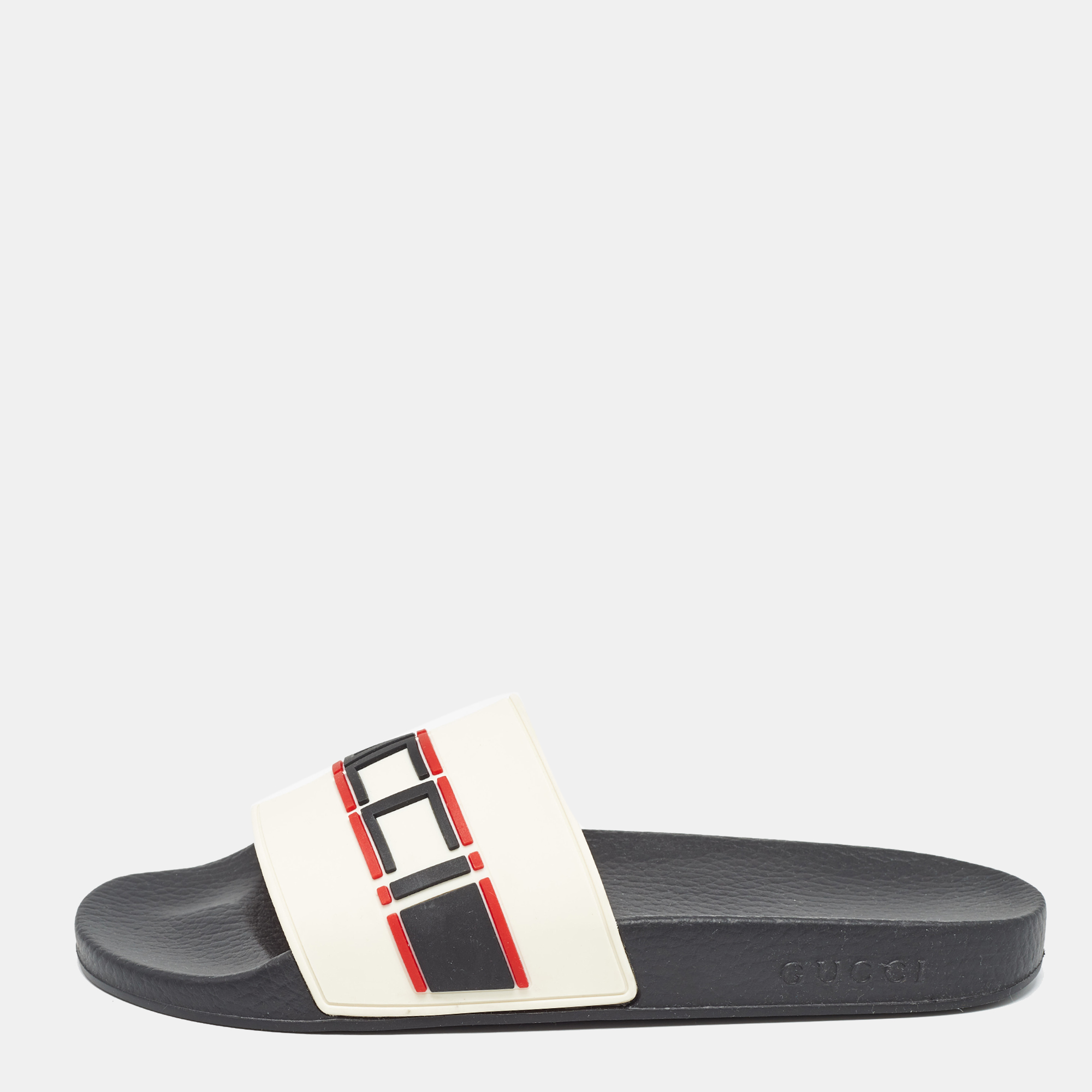 

Gucci Cream Rubber Gucci Logo Slide Sandals Size