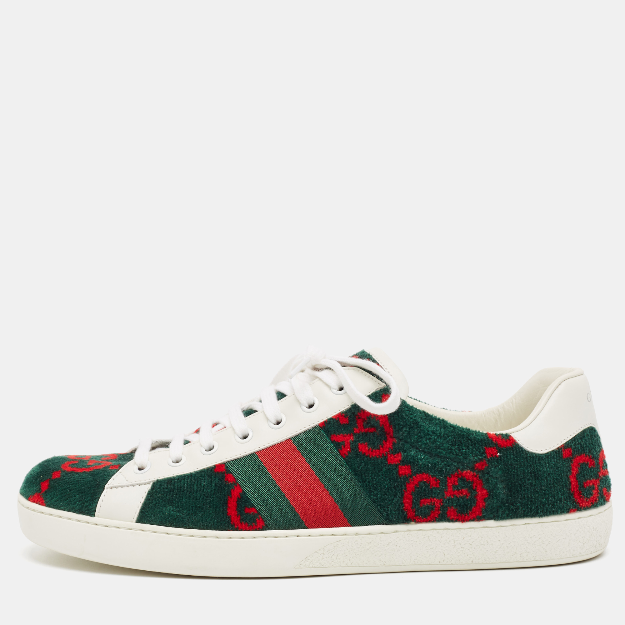 Pre-owned Gucci Tricolor Gg Terry Fabric And Leather Ace Sneakers Size 45.5 In Green