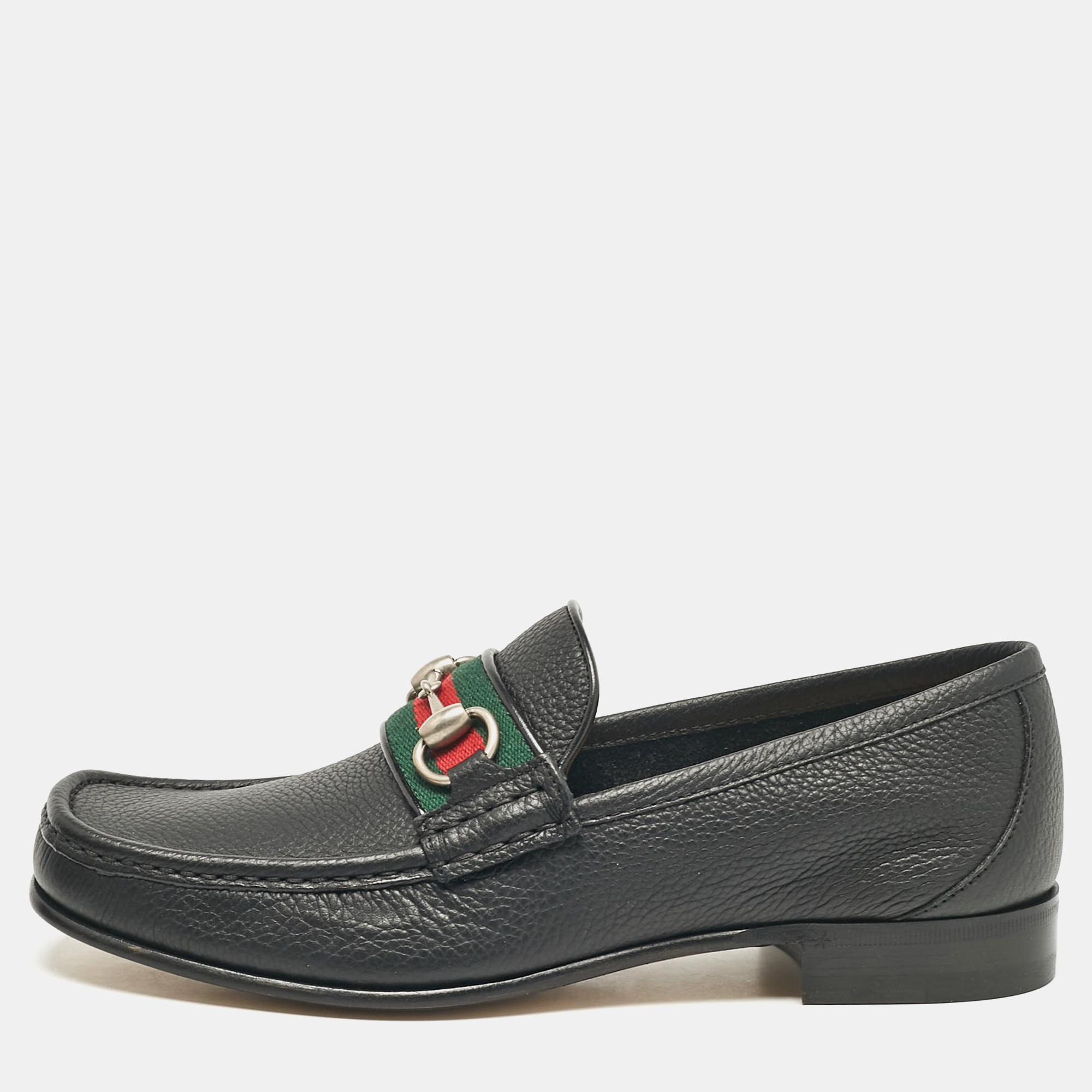 Pre-owned Gucci Black Leather Web Horsebit Loafers Size 40