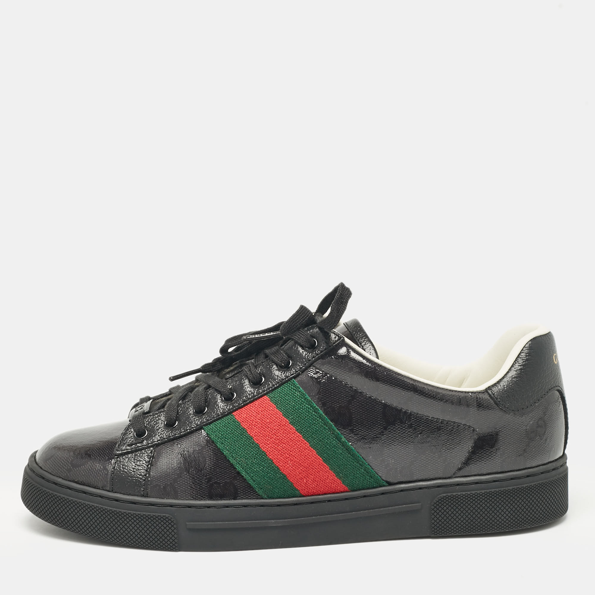 Pre-owned Gucci Black Patent And Leather Ace Lace Up Sneakers Size 41