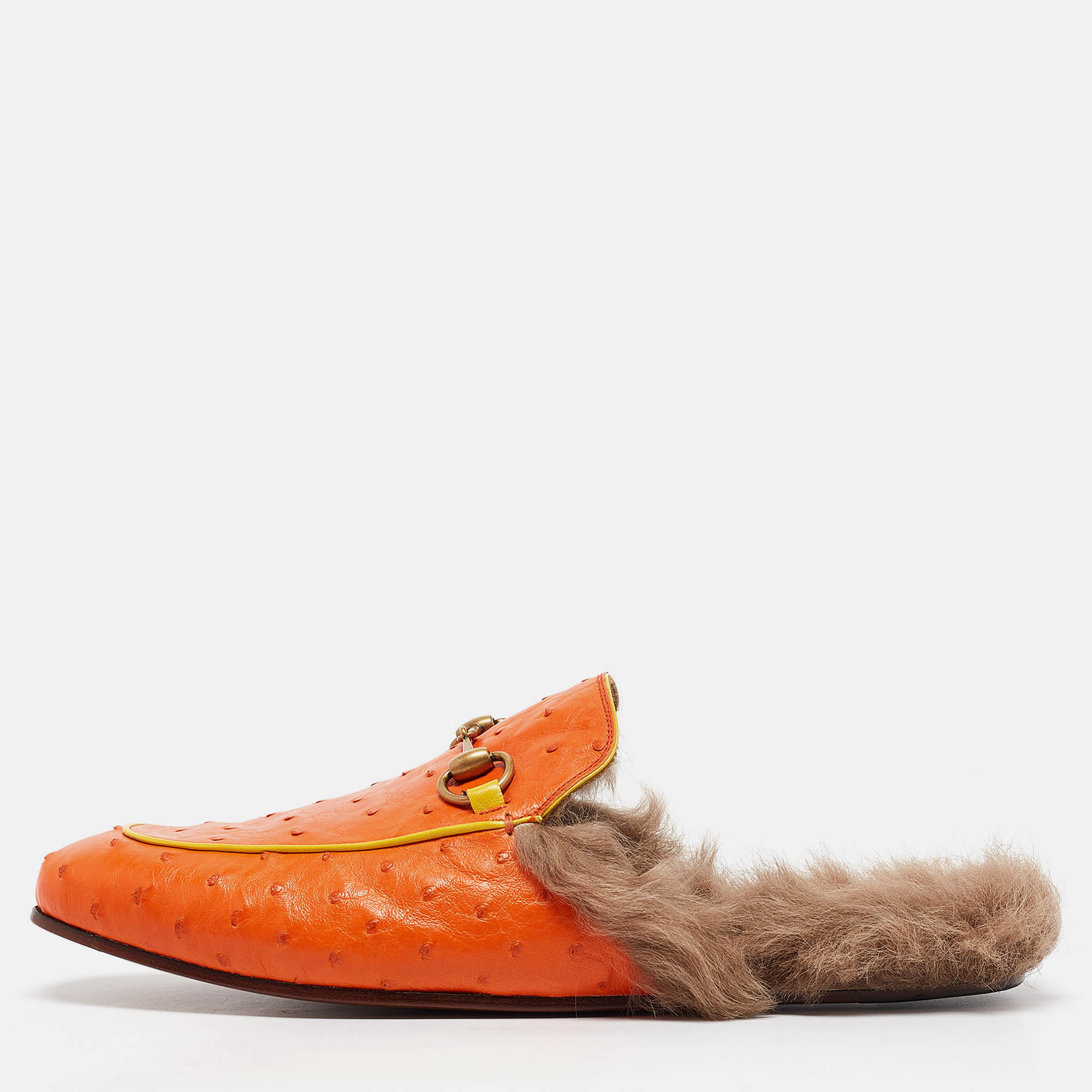 

Gucci Orange/Yellow Ostrich and Fur Lined Princetown Flat Mules Size 45