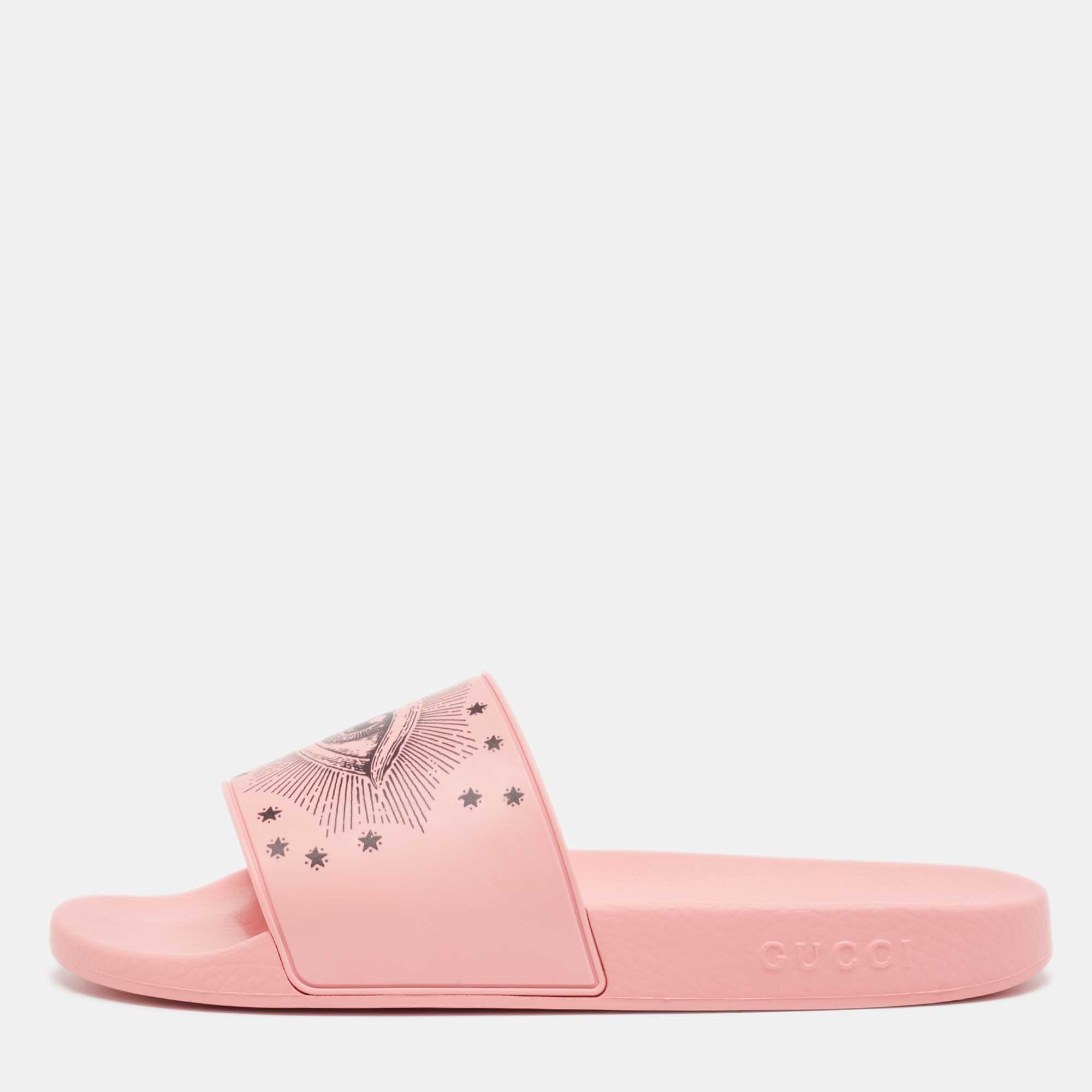 Pre-owned Gucci Pink Rubber Garden Pool Slides Size 46