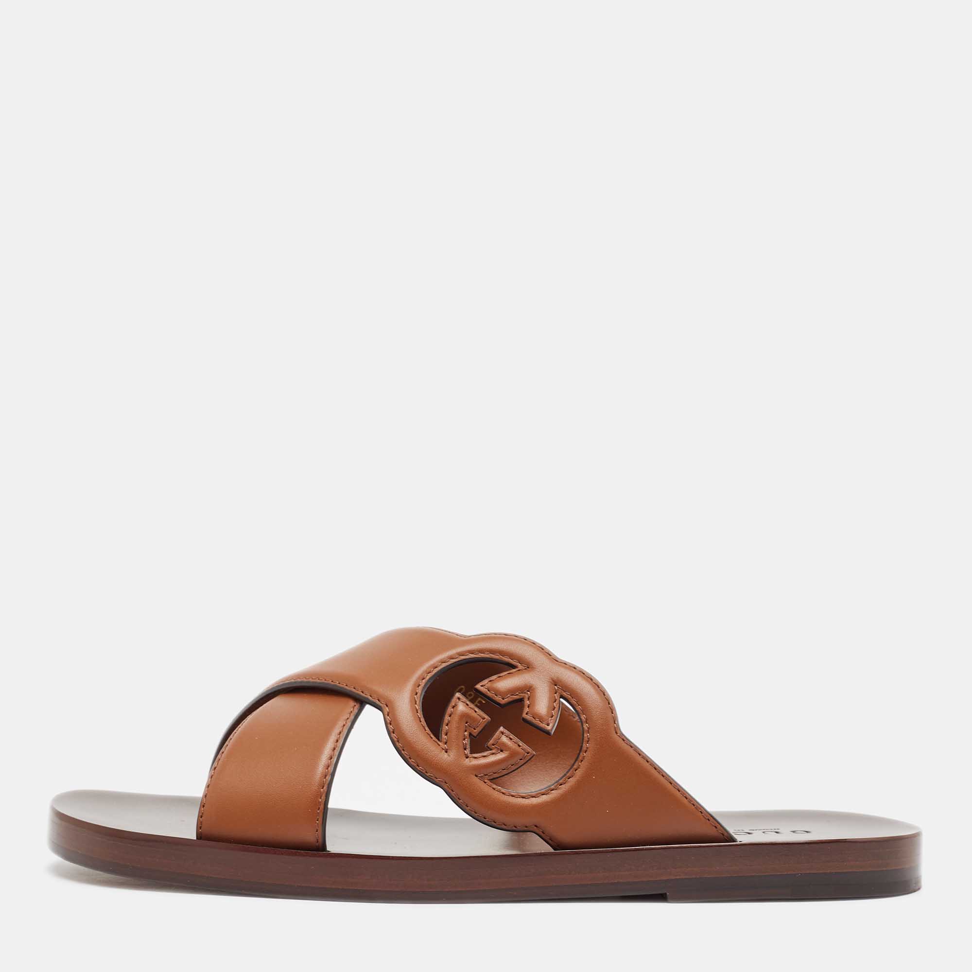 

Gucci Brown Leather Interlocking G Logo Slides Size 42