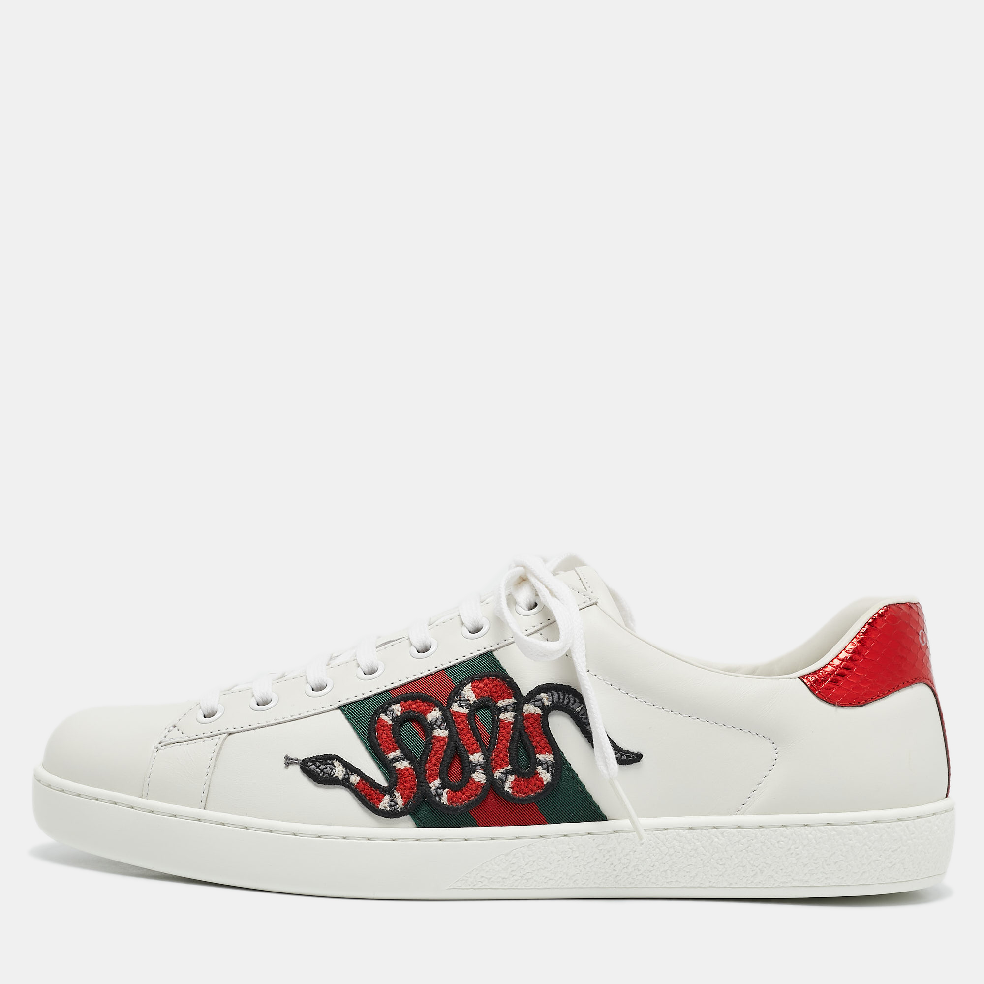 

Gucci White Leather and Snakeskin Embossed Leather Ace Lace Up Sneakers Size 44