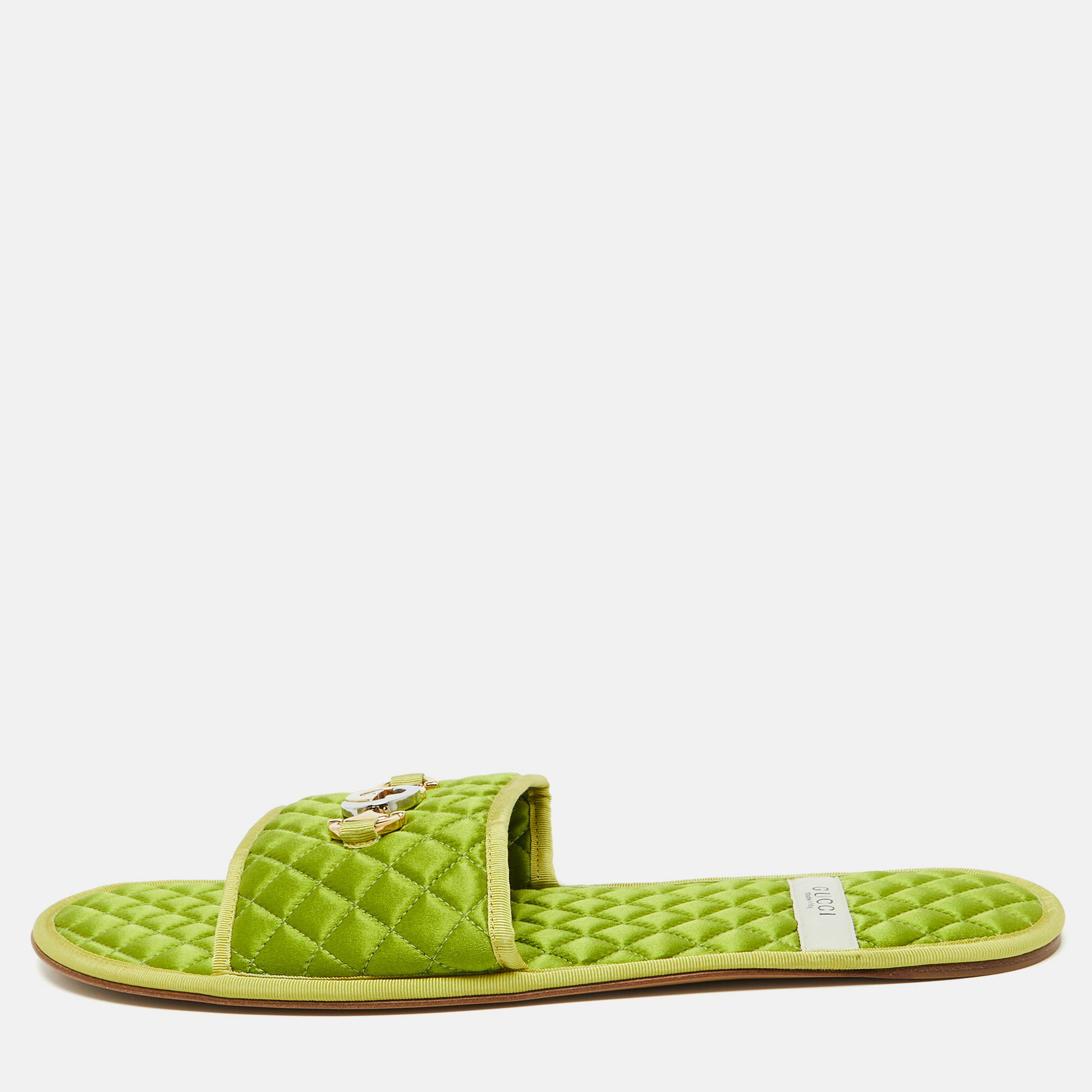 

Gucci Green Quilted Satin Interlocking G Logo Flat Slides Size 44