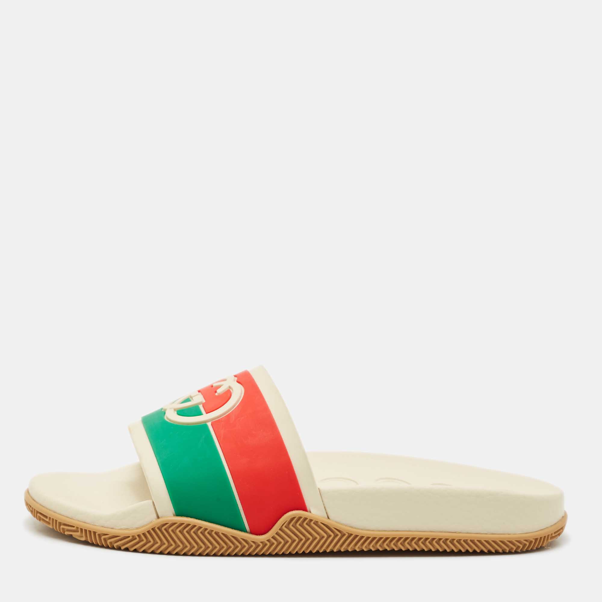 

Gucci Multicolor Rubber Web Interlocking G Flat Pool Slides Size 42
