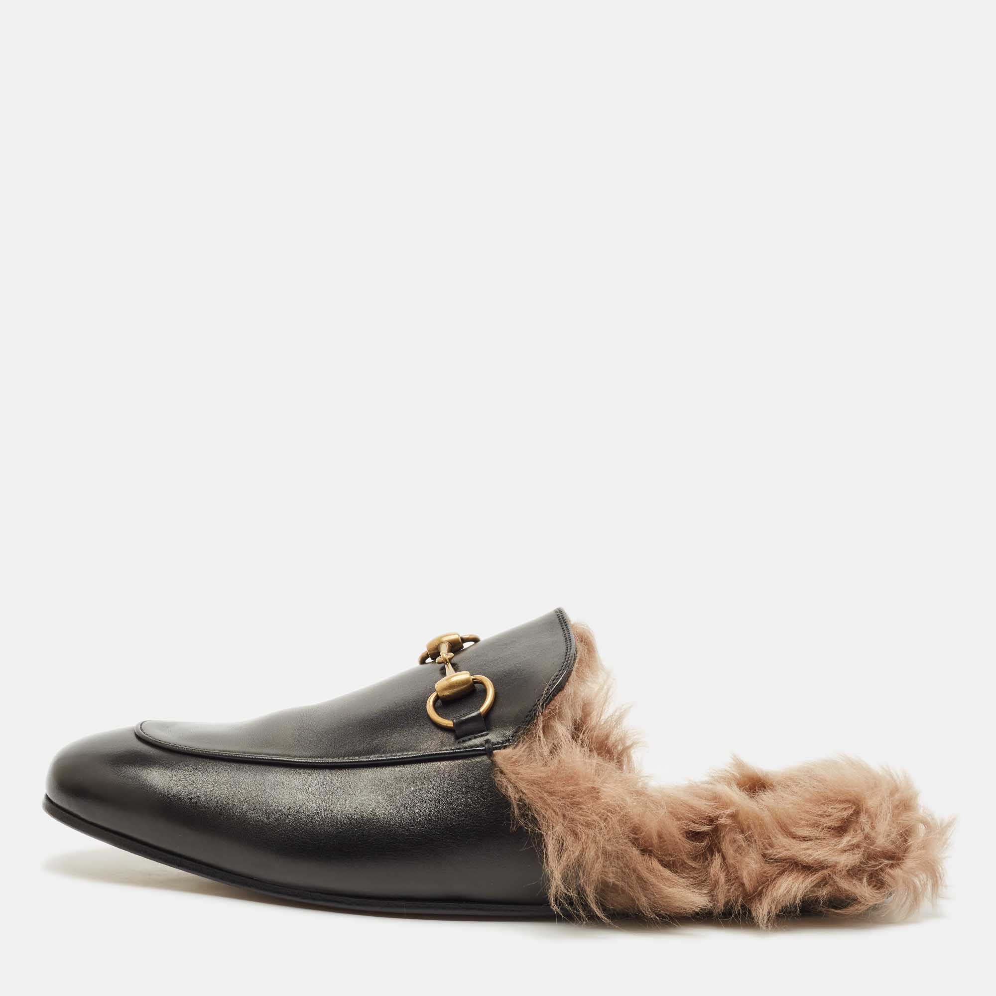 

Gucci Black Leather and Fur Lined Princetown Flat Mules Size 44.5