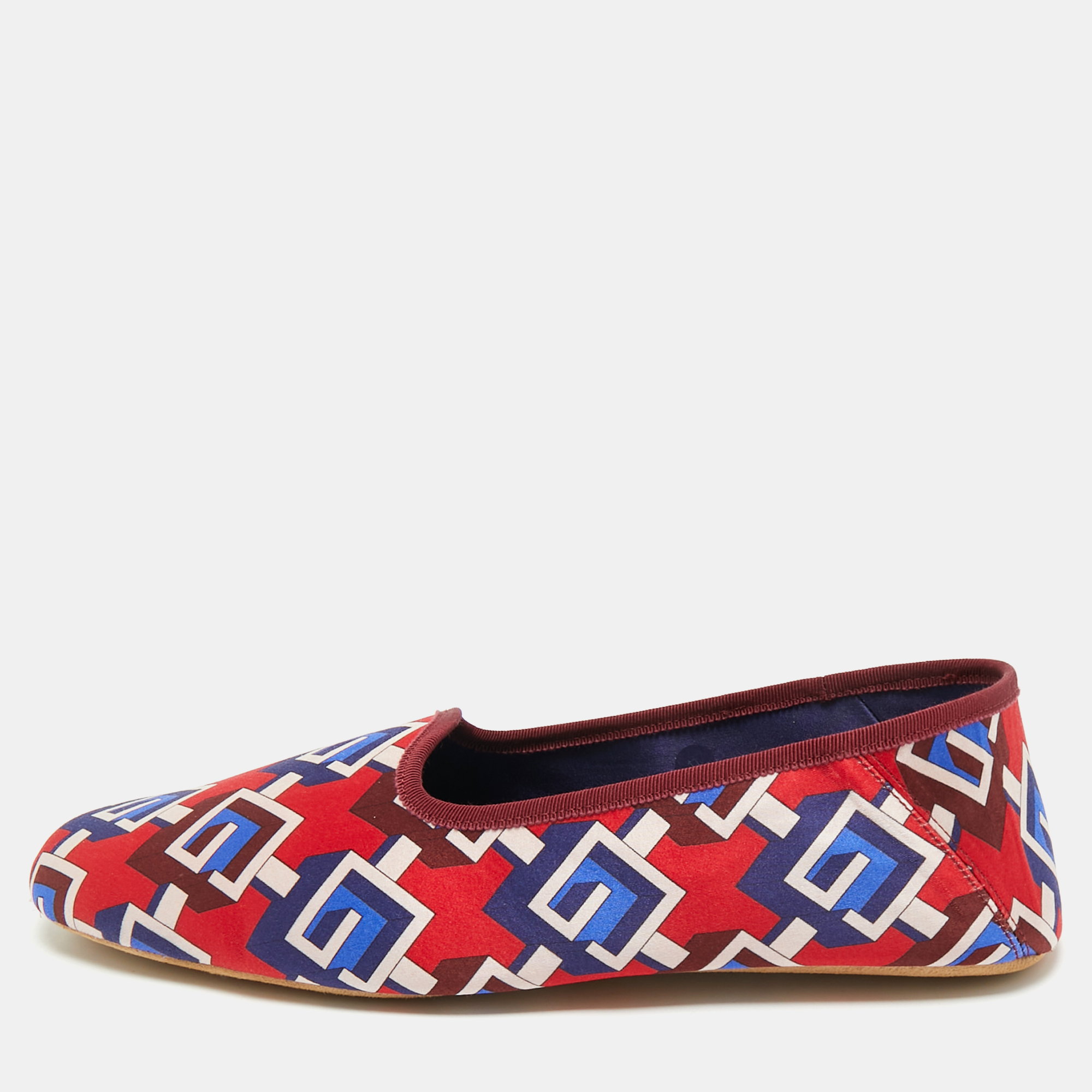 

Gucci Red/Blue Geometric G Print Satin Smoking Slippers Size 45