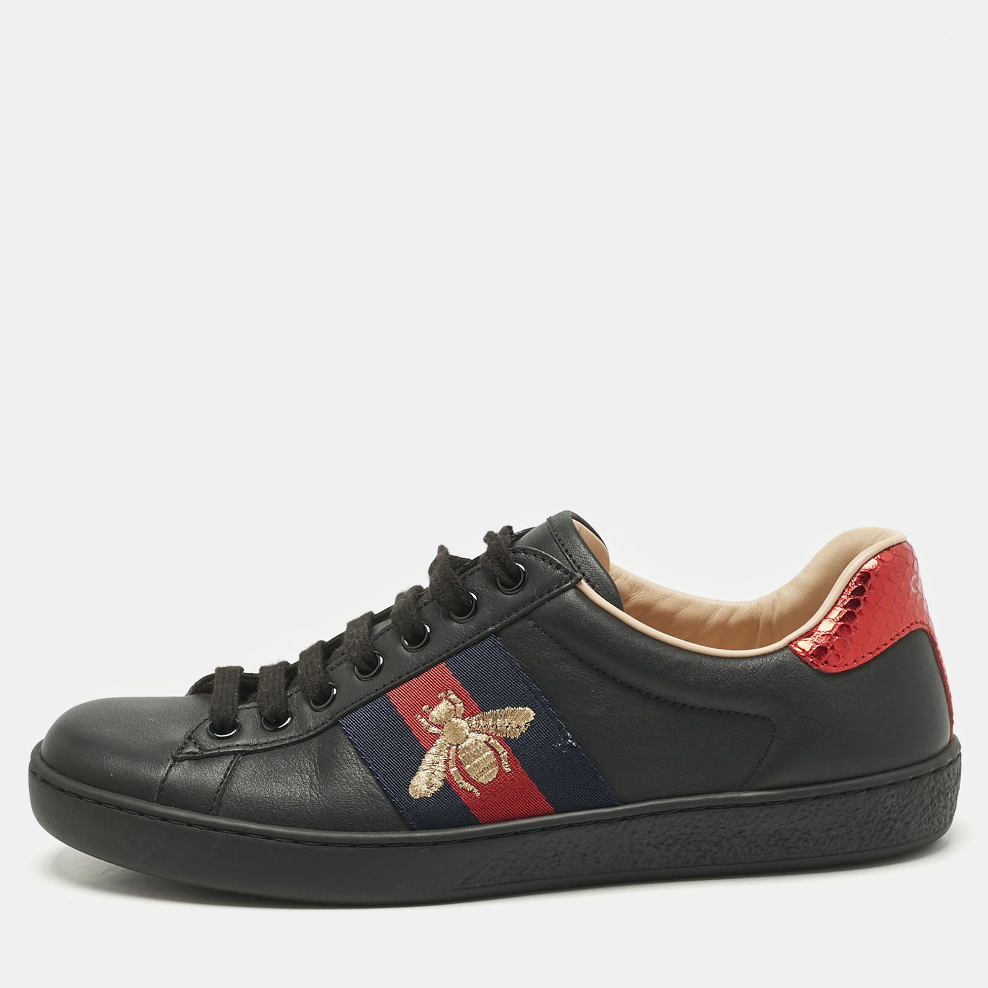 

Gucci Black Leather and Snakeskin Embossed Leather Ace Lace Up Sneakers Size 38.5