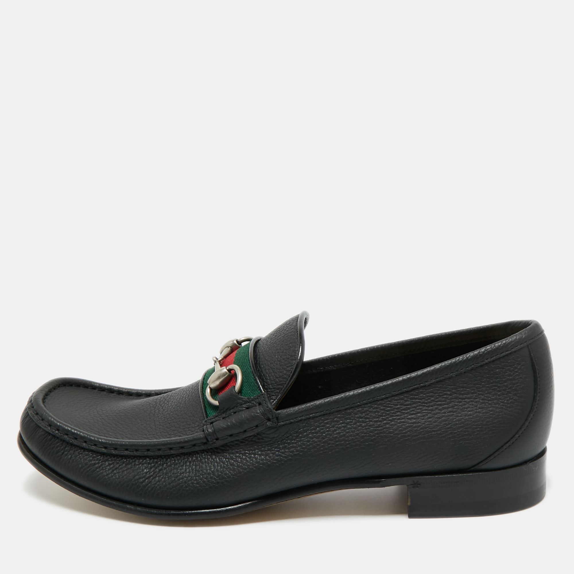 Gucci Black Leather Horsebit Web Loafers Size 44.5
